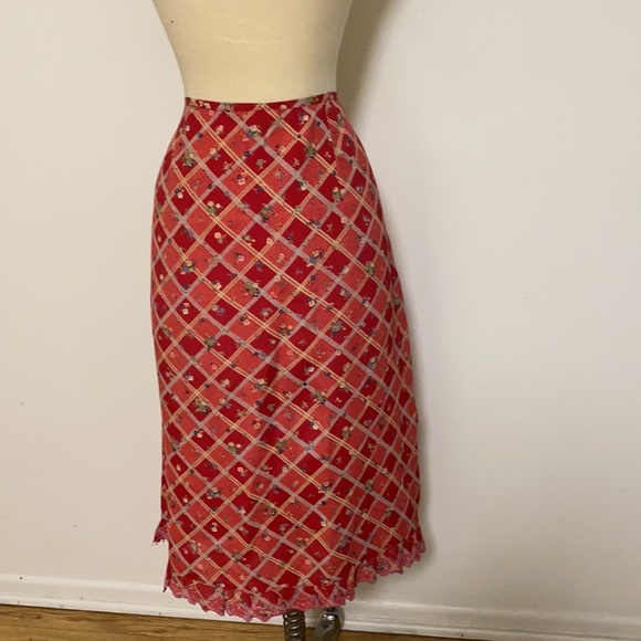 Free People Rayon Red Checkered Floral Skirt 7 - Picture 2 of 5